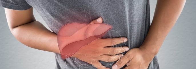 人物手按腹部配合肝臟示意，表示甲型肝炎可能引起的腹部不適。