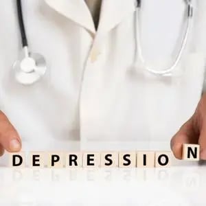 「抑郁症」字样配合医疗背景，象征对抑郁症的临床认识及治疗方向。