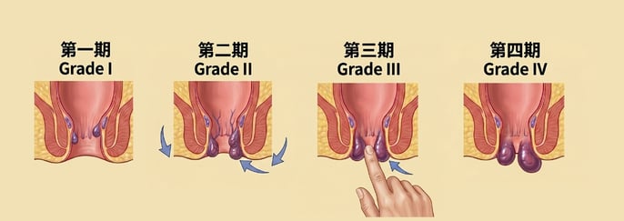 痔瘡第一至第四級分期示意圖，顯示痔瘡由輕微至嚴重脫垂的變化。Diagram showing Grade I to Grade IV haemorrhoids, illustrating progression from mild swelling to severe prolapse.
