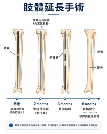 肢体延长​​手术示意图，展示截骨、内置延长钉牵拉骨骼、新骨形成、巩固及骨骼硬化的治疗过程