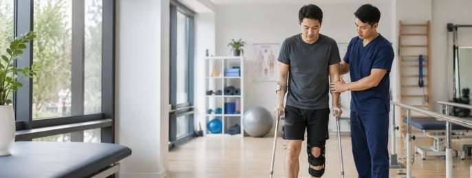 病人在物理治疗师协助下使用拐杖进行下肢复康训练