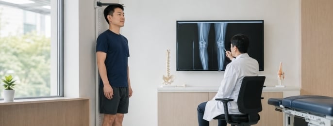 成年人士在骨科診症室接受身高評估，醫生同時查看下肢X光影像